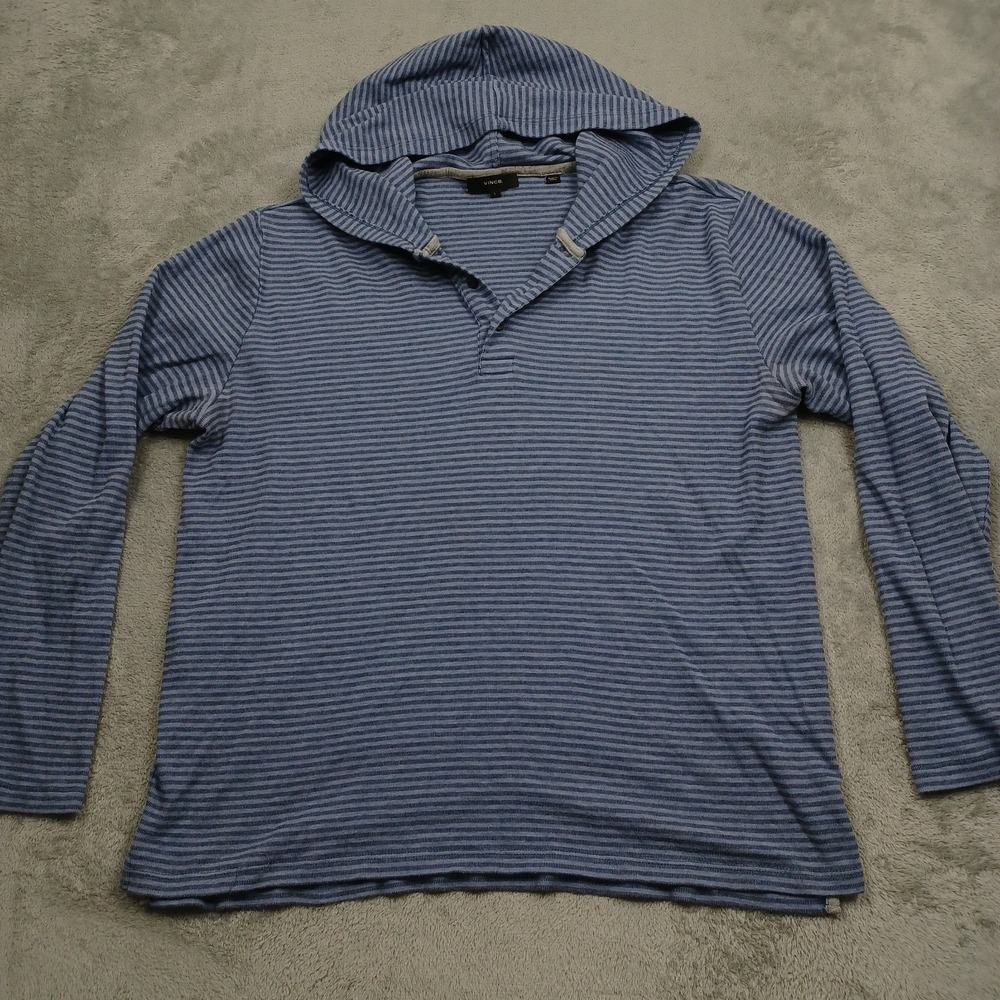 Vince Sweater Mens Large Blue Striped Pullover Hooded Henley Casual